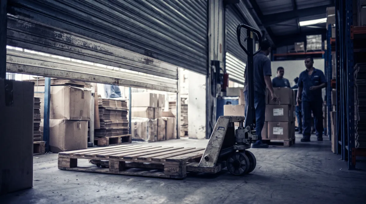 Area spedizioni di magazzino con pallet in legno grezzo e transpallet manuale