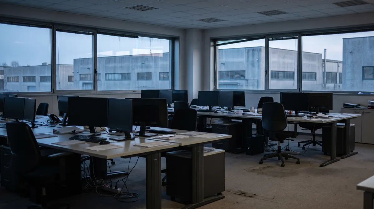 Ufficio moderno vuoto con file di scrivanie e monitor spenti nella luce del tramonto