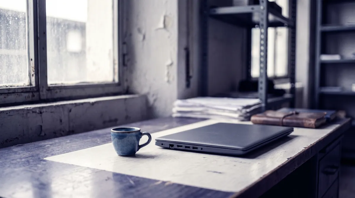 Scrivania d'ufficio con laptop chiuso e tazzina di caffè nella luce del mattino
